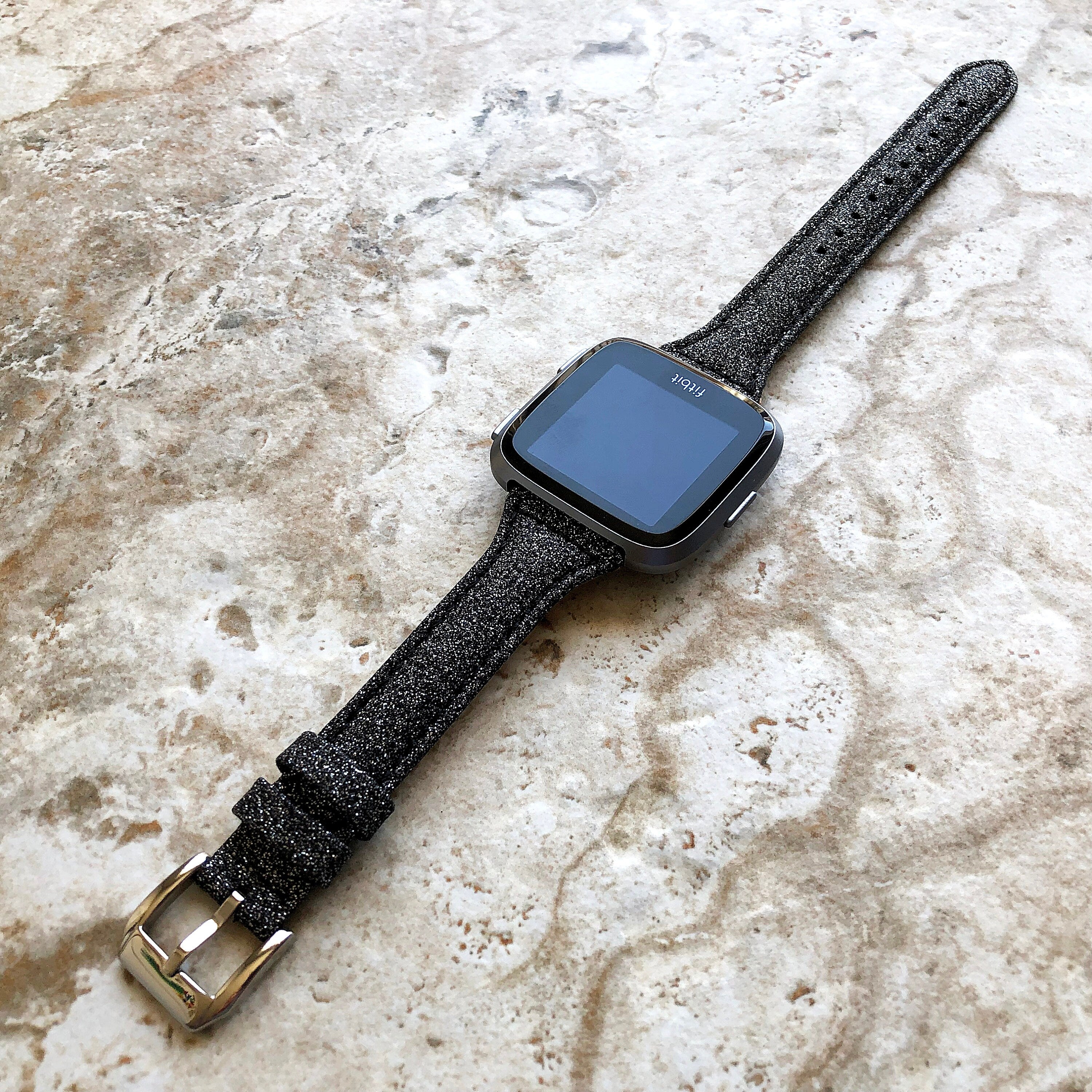 Fitbit Versa 2 3 4 Sense 2 Band Black Sparkling Glitter Slim Elegant Soft Leather Strap with Stitching Details and Quick Release Attachments